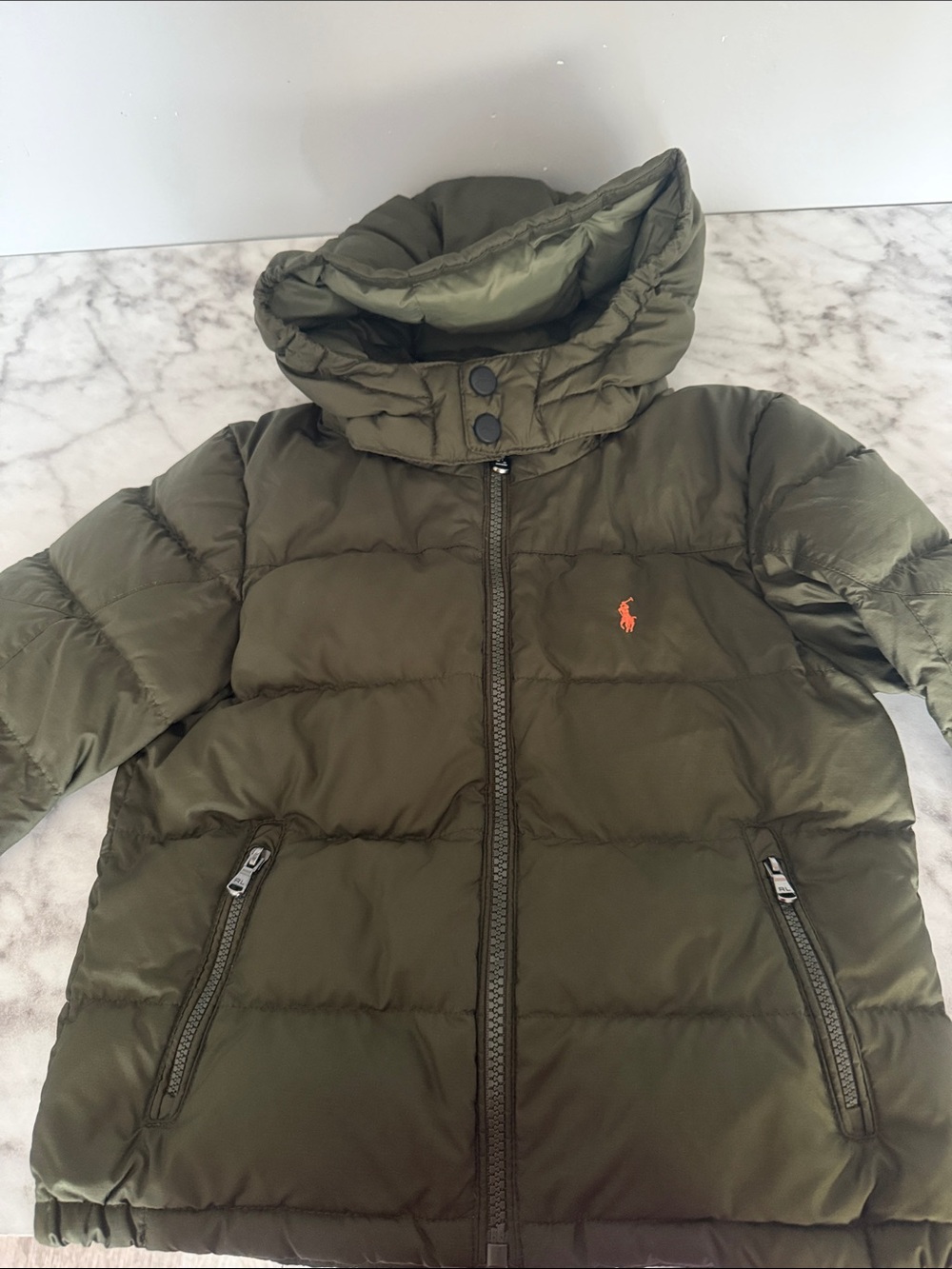 Polo by Ralph Lauren Olive Green Quilted Puffer Jacket with Orange Pony
